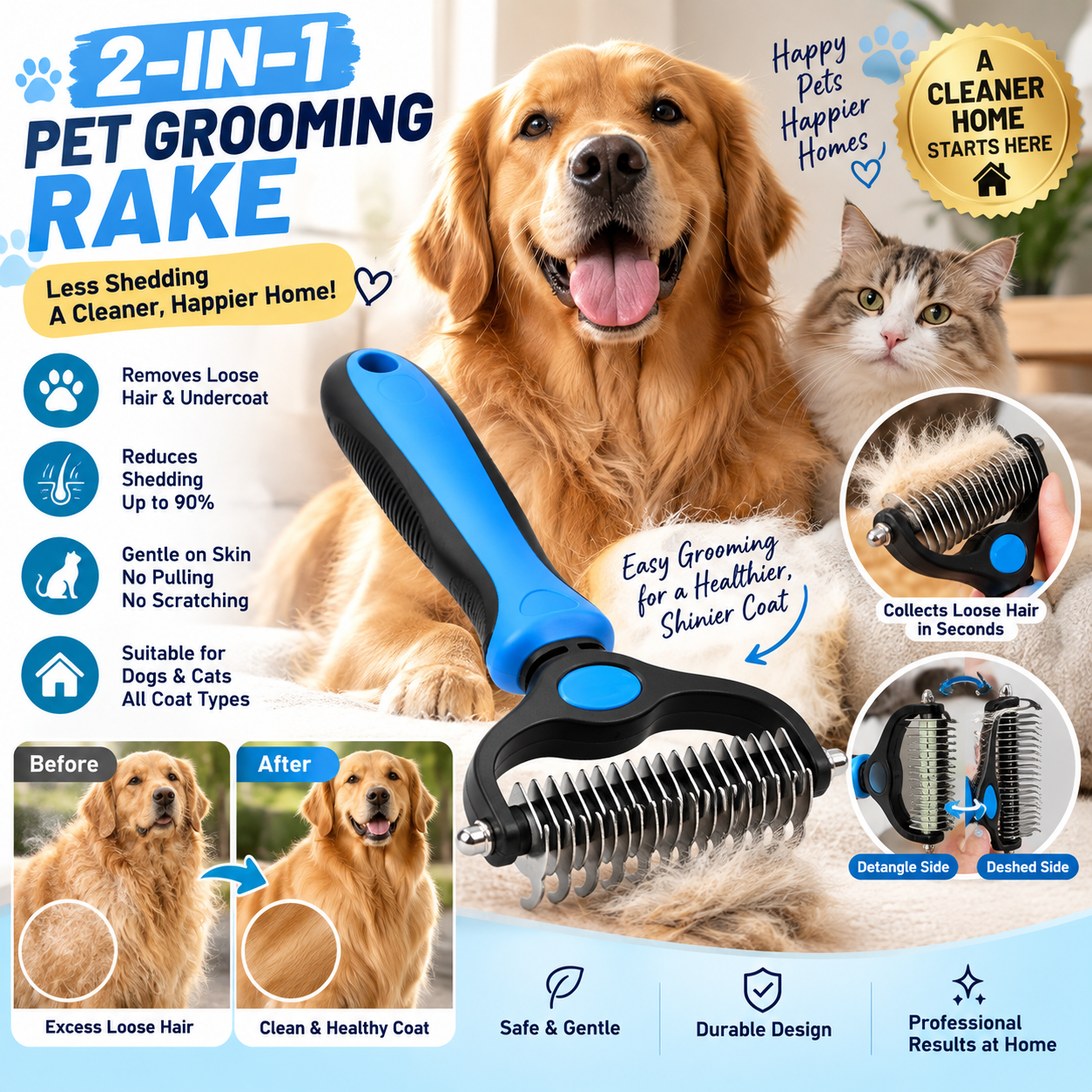 2-in-1 pet grooming rake